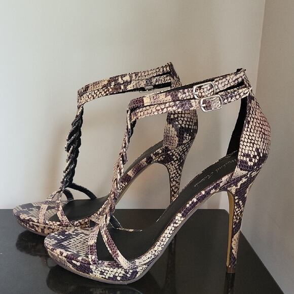Michael Antonio Brown and Cream Snakeskin 5" High Heeled Sandals Size 8.5 - Picture 12 of 15